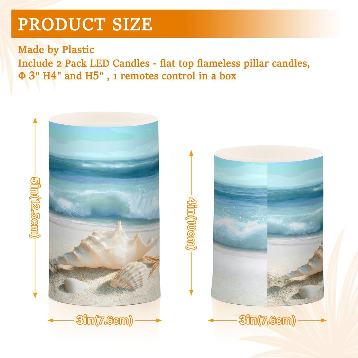 BOENLE Flickering Flameless Candles, Shells Summer Sandy Beach LED Candles with Remote Timer, Set of 2 Battery Operated Candle for Valentine Wedding Birthday