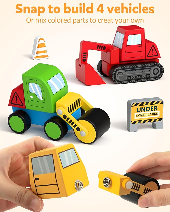 Coogam Snap Together Vehicle Toys for Toddlers Wooden Montessori Take Apart Construction Engineering Car - Assembly Building Game STEM Fine Motor Educational Toy Gift for Kids Ages 3-8
