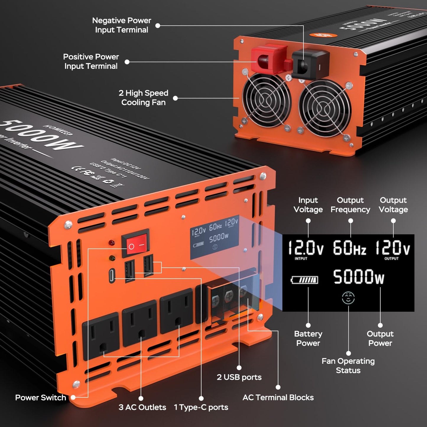 Power Inverter 12V DC to 110V with AC Outlets Converter Inverter (5000W-005)