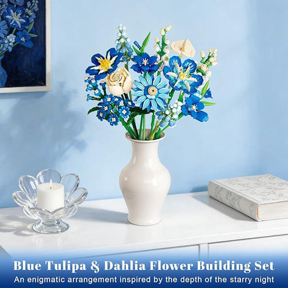 Blue Flower Bouquet Building Set Compatible with Lego Flowers for Adults Artificial Botanical Collection Kit for Valentines Day Mother's Gifts Home Room Desk Shelf Decor