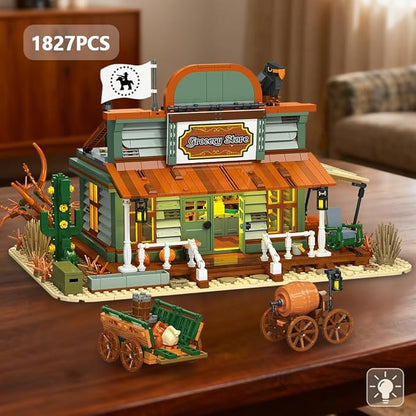 39076 Western Grocery Store Building Block Set Equipped with LED Lights 1827 Pieces Shop Building Model Building Block Kit Adult Creative Enthusiast Model Gifts and Unique Collectibles