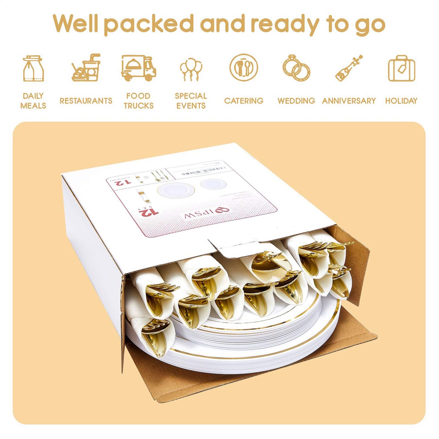 Gold Plastic Plates and Disposable Silverware w/Per-Rolled Napkins,Home Parties Heavy Duty Dinnerware incl Dinner Plates,Linen Like Napkin, Cutlery(72 pcs,12 Guests)