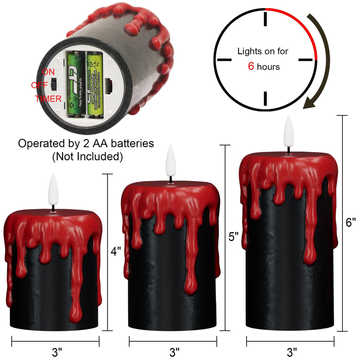 Eldnacele Black Flameless Pillar Candles Battery Operated with 6H Timer, Red Real Wax Dripping Effect 3D Wick Flickering LED Candle Lights Dinner Halloween Decoration(3 Pack, 3 x 4,5,6 Inches)