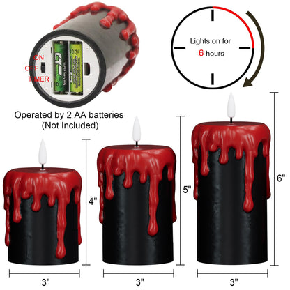Eldnacele Black Flameless Pillar Candles Battery Operated with 6H Timer, Red Real Wax Dripping Effect 3D Wick Flickering LED Candle Lights Dinner Halloween Decoration(3 Pack, 3 x 4,5,6 Inches)