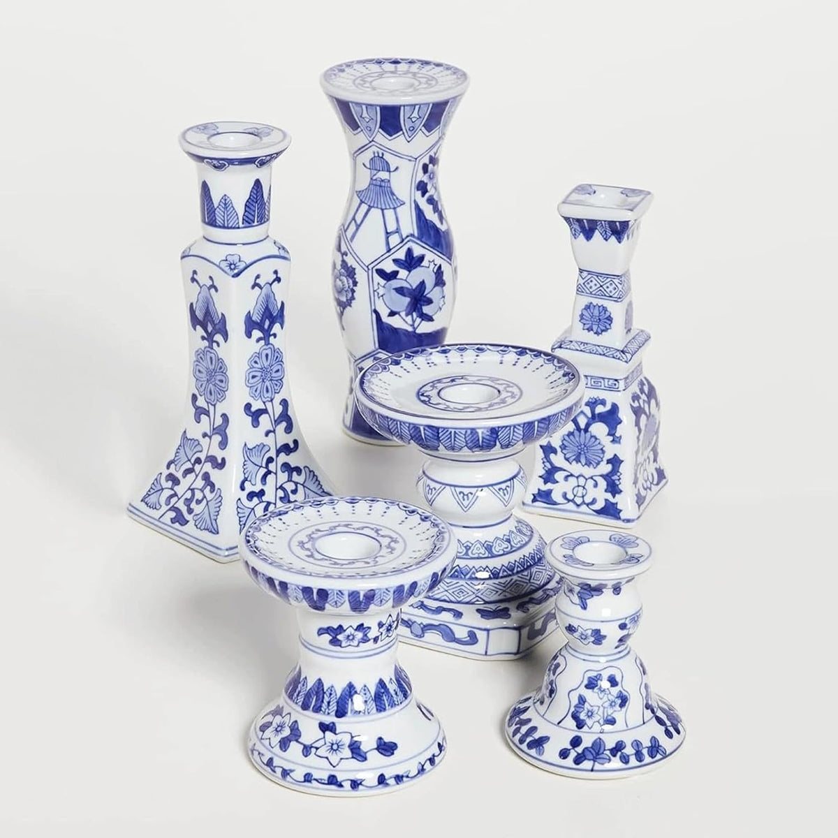 6 Pcs Candle Holder, Chinese Style Blue and White Porcelain Ceramic Candelabras Handmade Painting Candle Holders Candlesticks for Table Wedding, Party& Gift. ﻿
