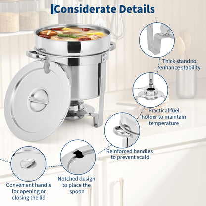 Commercial 7QT Soup Chafer Set, 4 Pack Stainless Steel Round Food Warmers Set with Pot, Notched Lids & Fuel Containers, Soup Warmers Ideal for Buffet Service & Event Catering