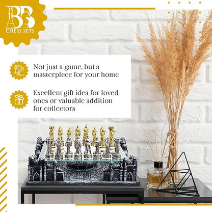 Renaissance Knight 3D Chess Set – Unique Chess Board Set - Durable Gold and Silver Metal Pieces - Tempered Glass Board and Polyresin Base