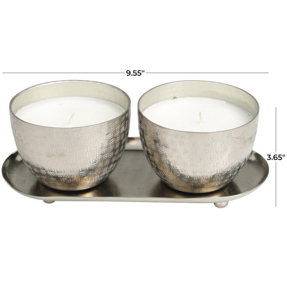 Deco 79 Metal Decorative Candle Campfire Scented Grid Patterned 10 oz 1 Wick Aromatherapy Candle with White Wax, Set of 2 Wax Aromatherapy Candle 10" W, 4" H, Silver