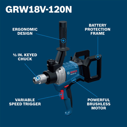 BOSCH GRW18V-120N 18V Brushless Mud Mixer - ½ In. Chuck, 650 RPM, Variable Speed, Soft Start, KickBack Control, Ergonomic Handle for Heavy Mortars, Epoxies & Paints