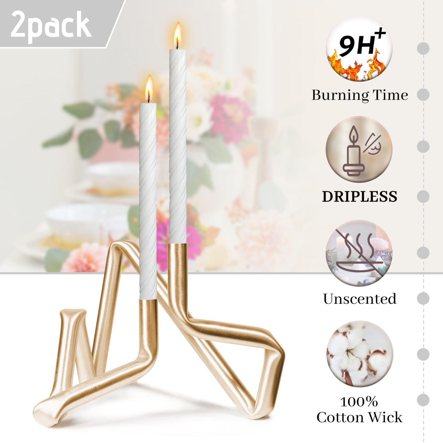 Dripless Twisted Taper Candles White Unscented Tall Candlesticks 10 Inch Smokeless Long Lasting Burn Candles Dinner Candle Sticks for Holiday Art Home Decor 2 Pcs