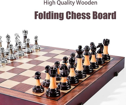 VAMSLOVE Chess Set Large 16''/42cm Folding Wooden Board with Deluxe Weighted Acrylic Chess Pieces - 3.5 King with Storage Slots for Adults House Warming Retirement Gift