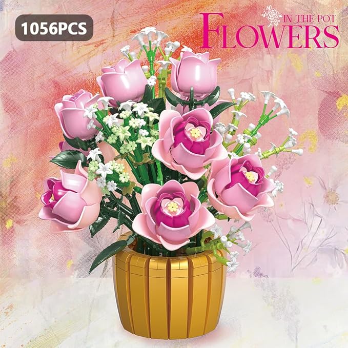 39151 Eternal Pink Rose Building Blocks Flower Set 1056 Pieces of Floral and Plant Series Block Sets Adult Creative Enthusiast Model Gifts and Collectibles Can be Used for Room Decoration