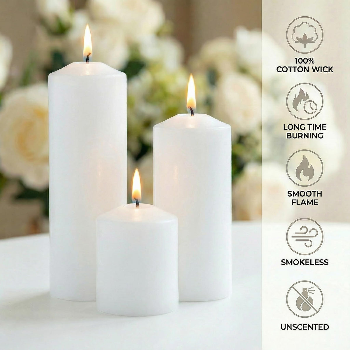 6 Pcs Individually Wrapped Pillar Candles Bulk, 2x3 2x6 2x8 Inch, Unscented Dripless Smokeless, Hurricane Candles for Wedding Party, Spa, Home Decor (6 White Pointed-tip, 2 x 3/6/8 Inch)