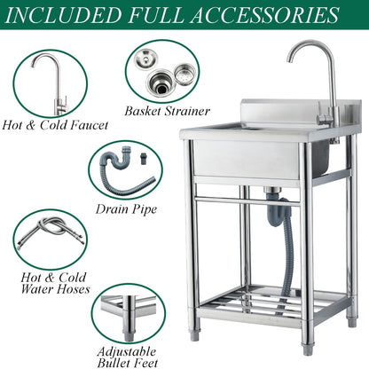 Bokaiya Stainless Steel Utility Sink, Free Standing Small Stainless Steel Sink with Faucet Laundry Room Sink 16 Gauge Single Bowl Outdoor Commercial Garage Sink (19"D x 23"W x 38"H)
