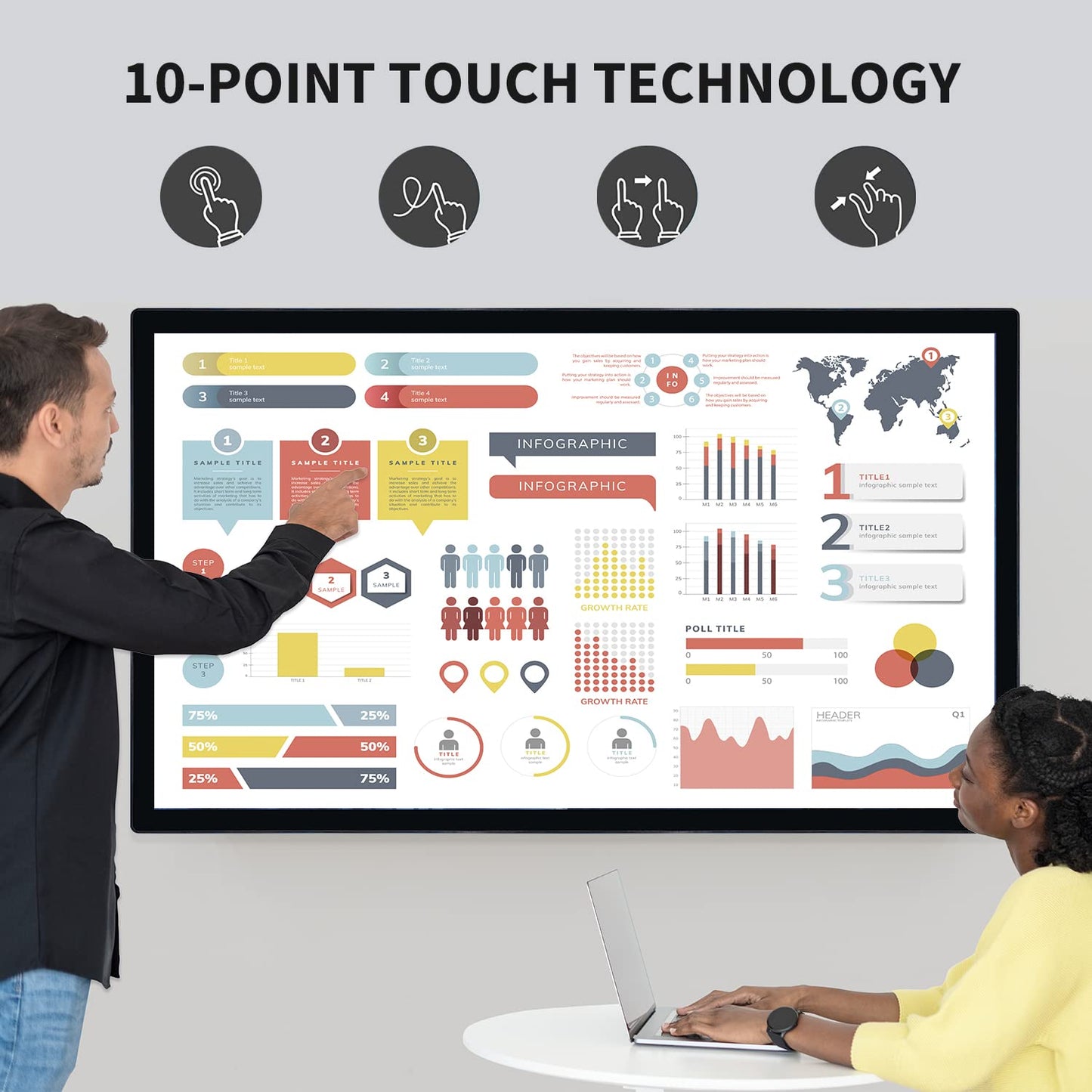 TouchWo 43 inch Interactive Touchscreen Monitor, Smart Board with 16:9 Display 1080P, Android 11 Touchscreen Electronic Whiteboard for Office and Classroom, RAM 2G & ROM 32G