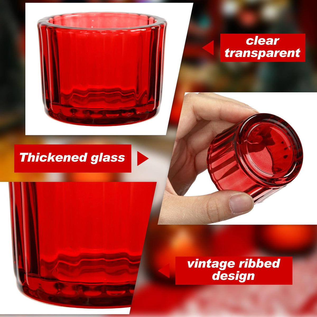 Mumufy 50 Pcs Glass Tealight Candle Holder Ribbed Votive Candle Holder for Centerpiece Wedding Proposal Spa Aromatherapy Meditation Home Decor (Red)