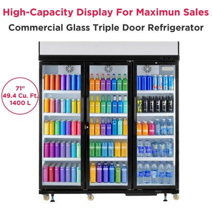 Frigidaire Commercial, 70.9" Triple Door Glass Display Refrigerator, Merchandiser Fridge, 49 Cu Ft, LED Lighting, 8 Wire Shelves, Digital Temperature Control, Self-Closing Glass Doors