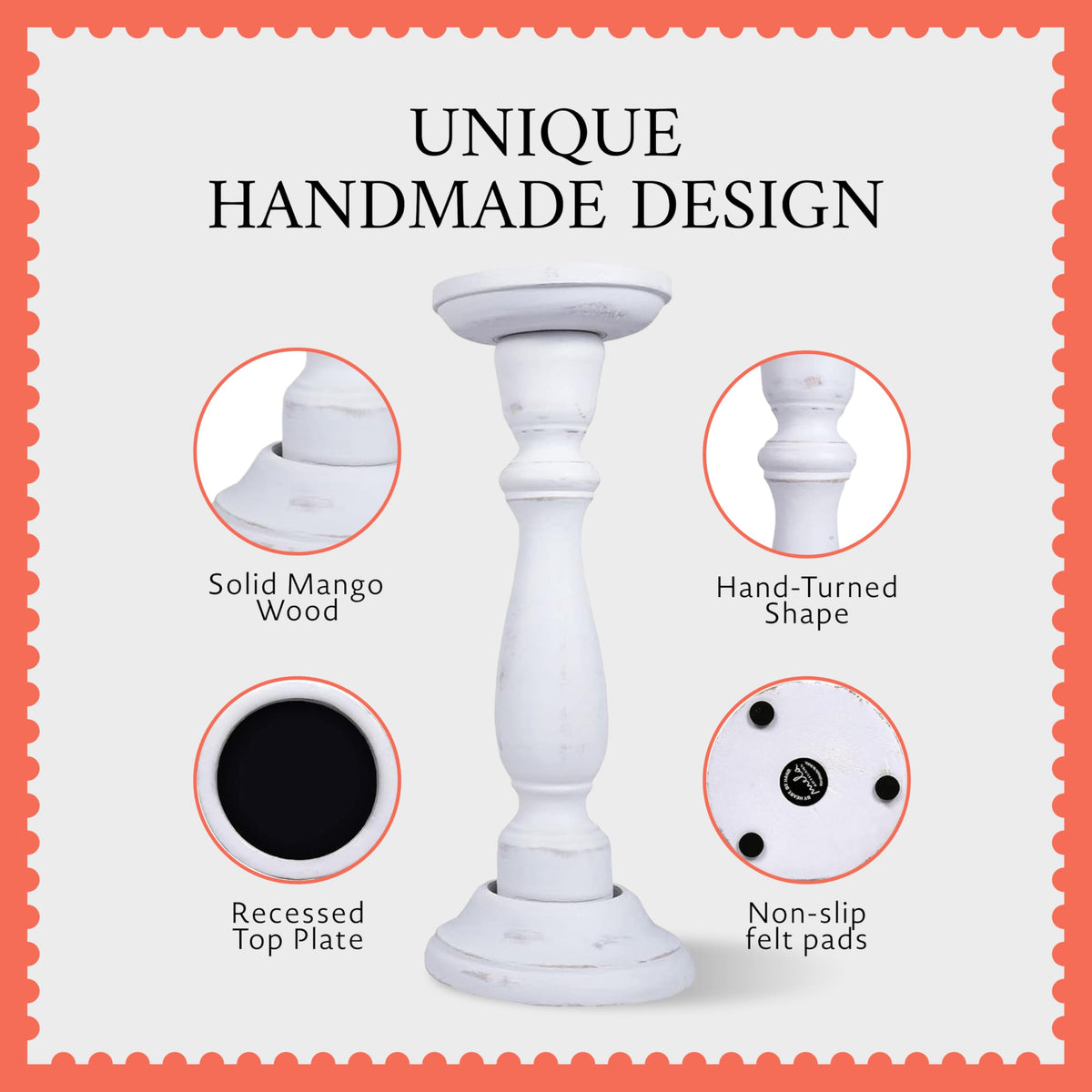 Mela Artisans 6”, 9” & 12” Mango Wood Pillar Candle Holder Set of 3 – Tuli Design Shabby Matte White – Wooden Candle Holders for Table, Mantel & Living Room Décor