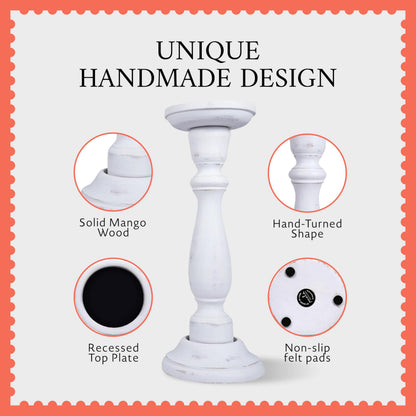 Mela Artisans 6”, 9” & 12” Mango Wood Pillar Candle Holder Set of 3 – Tuli Design Shabby Matte White – Wooden Candle Holders for Table, Mantel & Living Room Décor