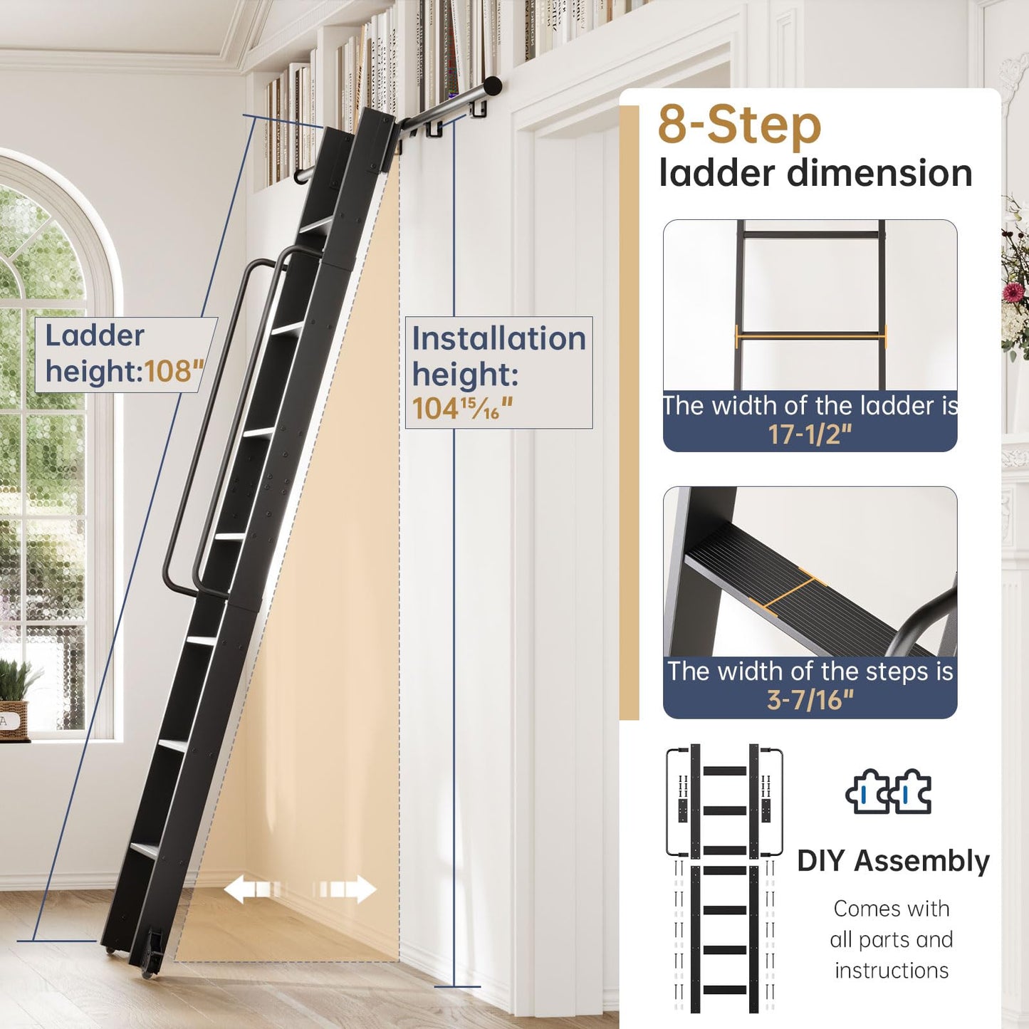 CEAKIAN 9FT Aluminum Rolling Library Ladder with 4FT Sliding Hardware Kit,Telescopic Hook Track with Brake Wheel,8 Steps with Handrail,450lbs Capacity,Black,Easy Assembly,for Loft Bookcase Attic Home