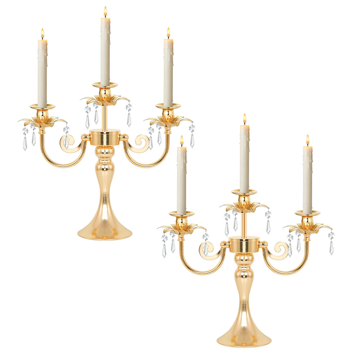 KEHAIL Metal 3 Arm Candelabra with Crystal Pendants - 11.8 Inch Tall Candle Holders, Set of 2 - Elegant Taper Candlestick Stand for Wedding, Dining Table, Christmas Party Home Decoration (2, Gold)