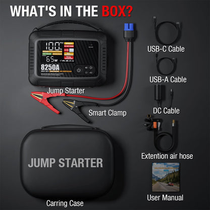 JFEGWO 8250A Heavy Duty Jump Starter with Air Compressor, 32000mAh 65W Fast Charging Portable Car Battery Booster Power Pack (for All Gas 12L Diesel), 150 PSI Tire Inflator, HD Display 12V Jump Box