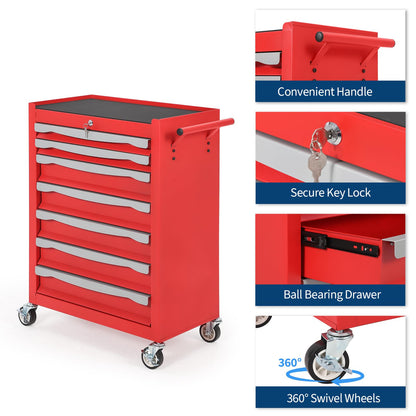 7-Drawer Tool Chest, Rolling Tool Cart with Wheels, Large Capacity Tool Storage Cabinet with Keyed Locking,Drawer Liners&Link Buckle, for Garage, Workshop, Warehouse,24.21"L * 13.78"W * 34.06"H Red
