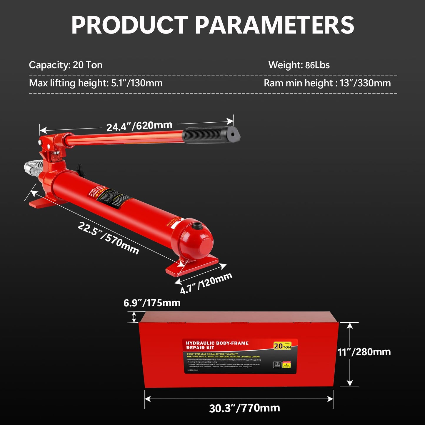 20 Ton Porta Power Kit, Portable Hydraulic Jack with 4.7 ft/1.43 m Oil Hose, 17 Pcs Hydraulic Ram, 44000 Lbs Capacity, Max Lifting Height 5.1" / 130mm, Ram min Height 13" / 330mm