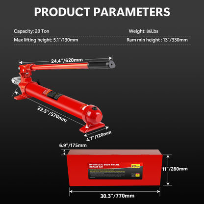 20 Ton Porta Power Kit, Portable Hydraulic Jack with 4.7 ft/1.43 m Oil Hose, 17 Pcs Hydraulic Ram, 44000 Lbs Capacity, Max Lifting Height 5.1" / 130mm, Ram min Height 13" / 330mm