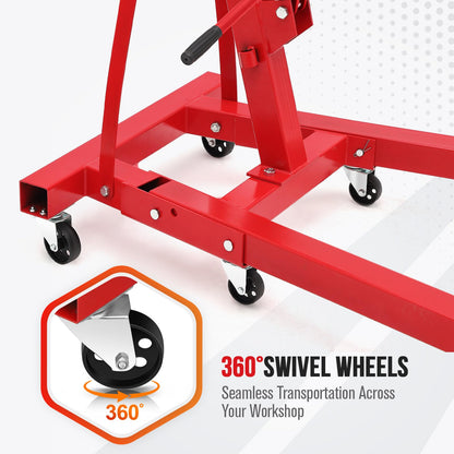 ExploreHorizon 2-Ton Folding Hydraulic Engine Hoist, Portable Engine Shop Crane with 6 Casters & Telescopic Boom, 4400 Lbs Foldable Cherry Picker Hoist Lift for Home Garage Workshop, Warehouse, Red