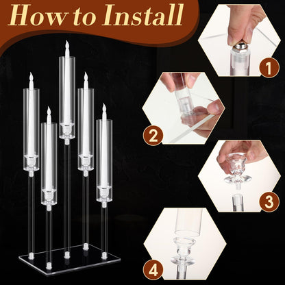 Hushee 4 Set 5 Arms Acrylic Candelabras Centerpieces with 20 Pcs LED Candles Clear Candle Holder Crystal Taper Candlestick with Rectangular Base for Dinner Party Table Fireplace Wedding Decoration