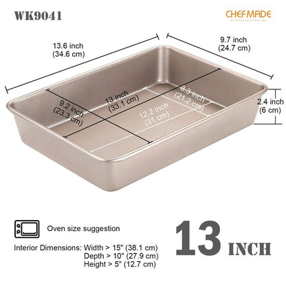 CHEFMADE 13-Inch Rectangle Cake Pan, Non-Stick Loaf Pan Deep Dish Bakeware for Oven Roasting Meat Bread Jelly Roll Battenberg Pizzas Pastries 9.7" x 13.6" X 2.4"(Champagne Gold)