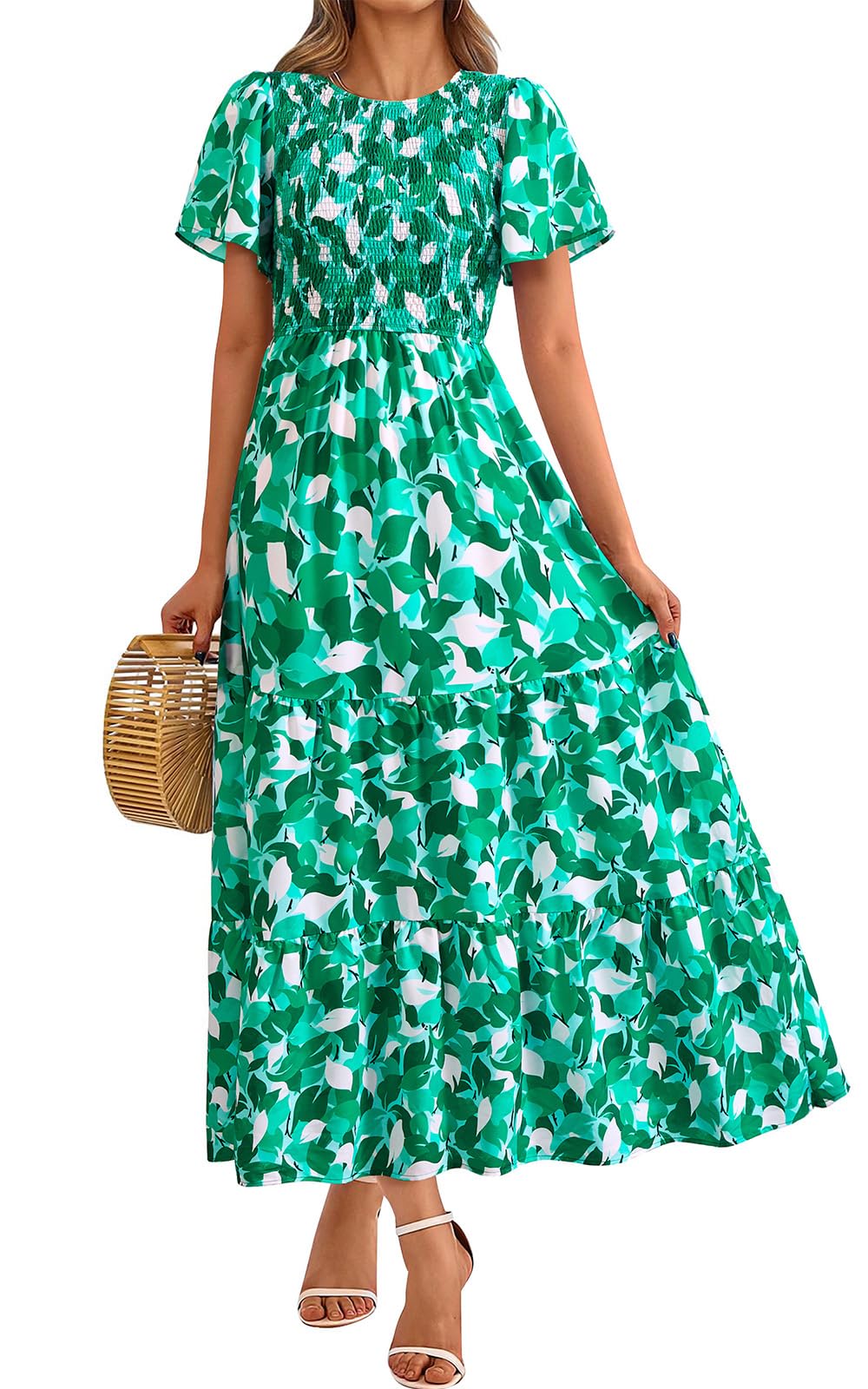 PRETTYGARDEN Women's 2025 Summer Casual Flutter Short Sleeve Boho Floral Maxi Dress Crew Neck Smocked Tiered Long Dresses