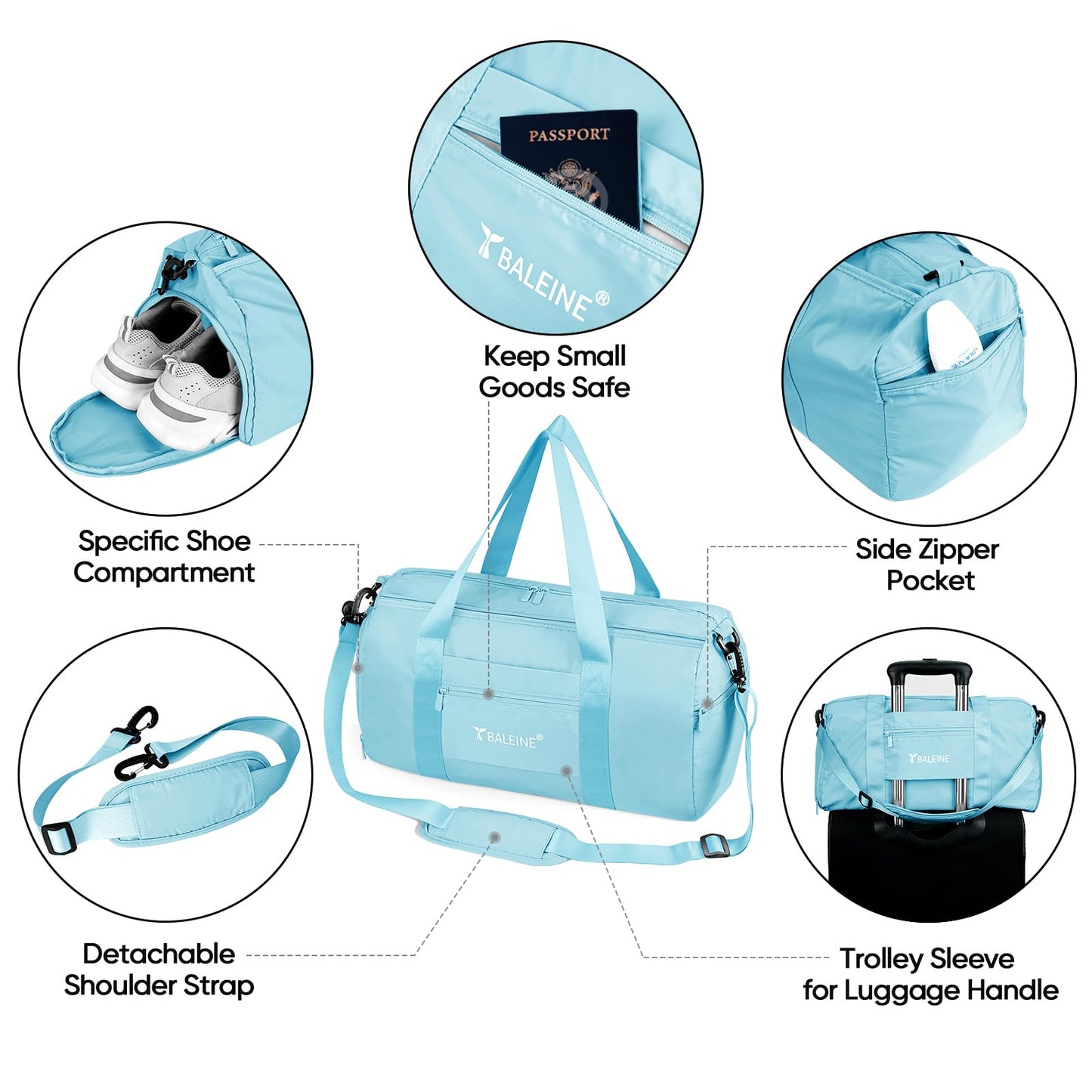 BALEINE Gym Duffel Bag for Women and Men, Small for Sports, Gyms and Weekend Getaway, Waterproof Dufflebag with Shoe and Wet Clothes Compartments, Lightweight Carryon Gymbag (Azure)