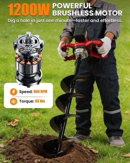 42V Cordless Post Hole Digger with 2x4.5Ah Batteries & Dual Chargers, 1200W Brushless Earth Auger for Fence Post with 6" Drill Bit, 85Nm High Torque Electric Hole Digger for Hard Soil, 800RPM