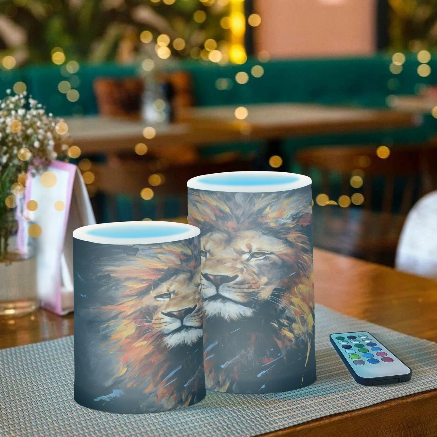Lights Flameless Candles Painting Lion Pillar Candles Set of 2 Battery Operated Remote Control Warm Lights Home Decor