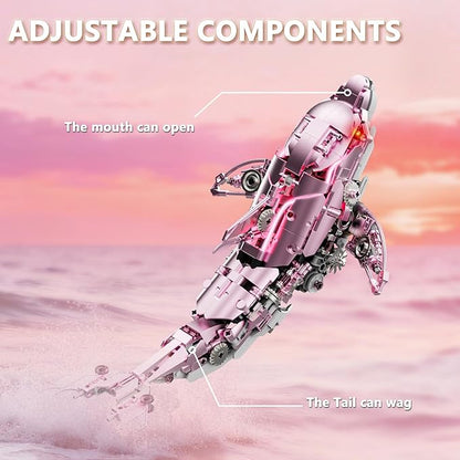 888-PCS Mechanical Pink Dolphin Building Set with LED Light Movable Linkage Gears Display Stand - Ocean Building Block Toy for Adults Teens Kids Age 12+