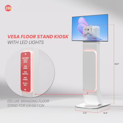 Brandable Kiosk Floor Stand for Displays – with Custom Branding Panel & LED Lights VESA 75x75 100x100 Monitor TV Tablet Displays – Lockable Secure (ADD-VFSKLED)