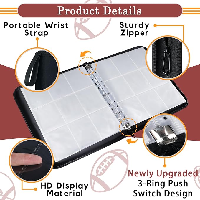 Football Card Binder 900-Card Trading Card Binder with 50 Removable Sleeves 9-Pocket Sports Card Binder 3-Ring Design Football Card Holder for Collectors