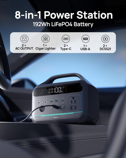 Portable Power Station 300W, 192Wh Large Power Bank with 110V AC Outlet, LiFePO4 Battery Backup,8-Ports Solar Generator Fast Charging for Camping, Hurricane Emergency, Outdoor,Home(Solar Optional)