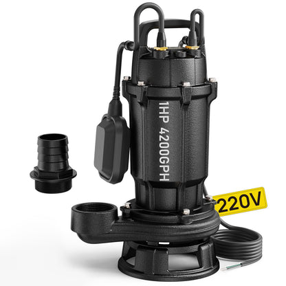 Aquastrong 1 HP Sewage Grinder Pump, 4200 GPH Sewage Pump 2 inch Discharge, Cast Iron Sump Pump Submersible with Auto Float Switch for Basement Sump Basin and Sewage Well, Dark