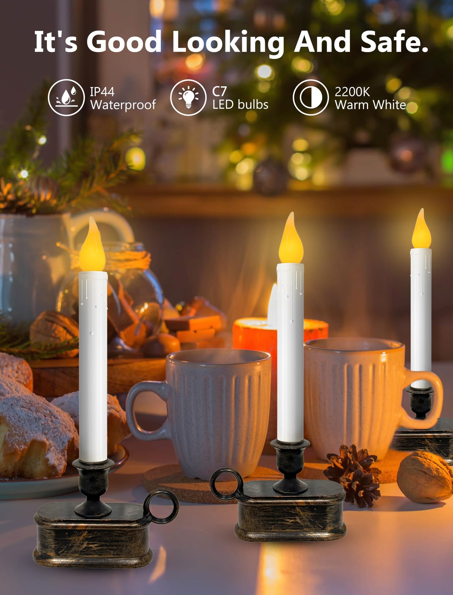 Xingzd 4PK Battery Operated LED Window Candles, Dusk to Dawn Light Sensor, Flicker Flame Christmas Window Candles with Bronze Base, 7.75 Inch Flameless Taper Candle for Table Bedroom Xmas