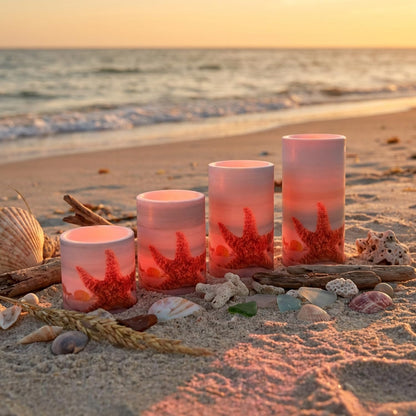 Aulaygo 4PCS Summer Starfish Flameless Candles with Timer Remote Control,LED Pillar Candles Set Battery Operated for Wedding Beach Party Holiday Home Decor