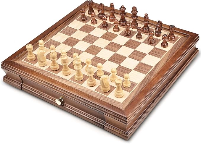 AMEROUS 12.8 x 12.8 Magnetic Wooden Chess Set with 2 Built-in Storage Drawers - 2 Bonus Extra Queens - Gift Packaging - Staunton Chess Pieces Board Games Chess Sets for Adults and Kids