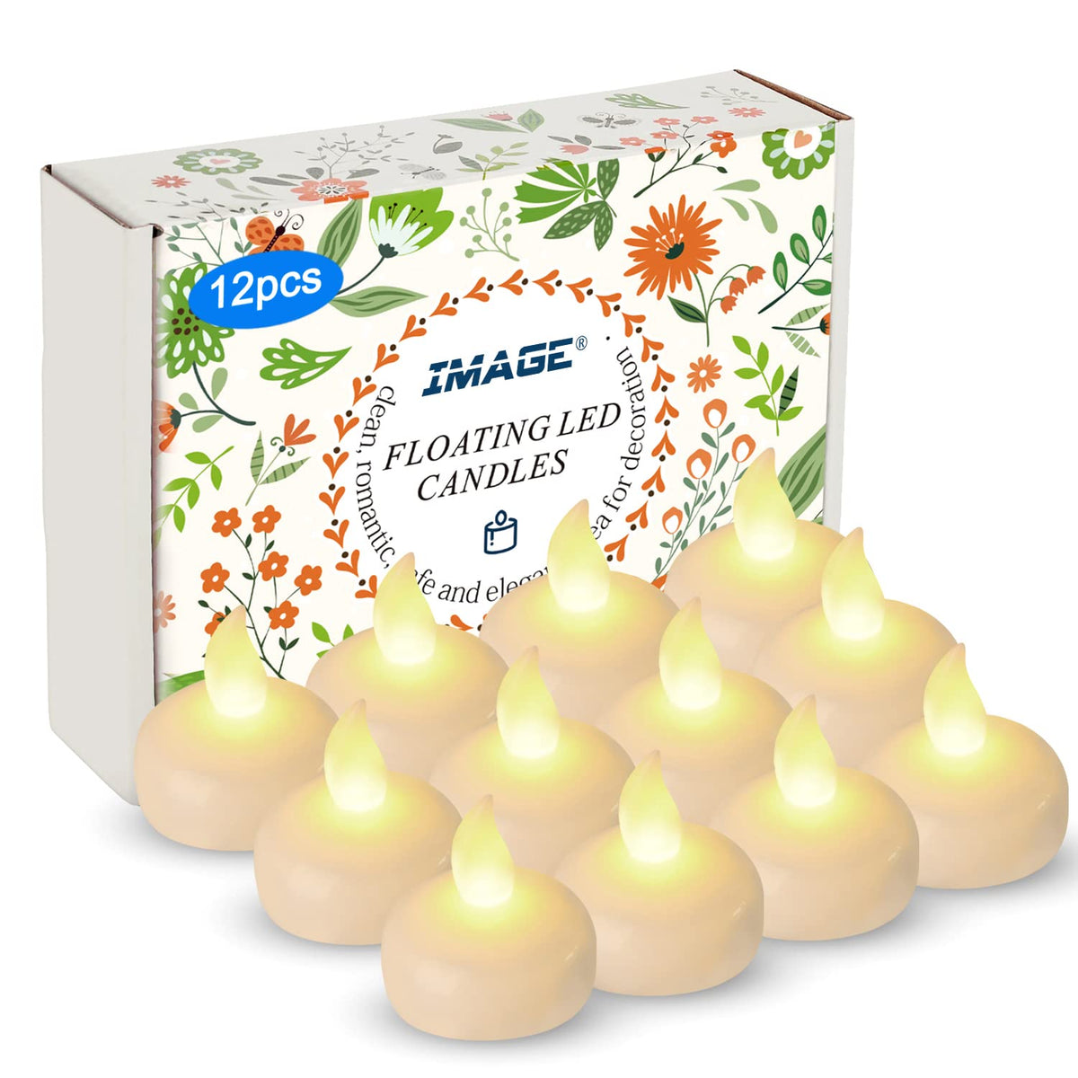IMAGE Floating Candles, Flameless Floating LED Tea Lights 12 Pack Waterproof Tealight Candles for Wedding Party Spa Home Indoor Outdoor Decor-Warm White