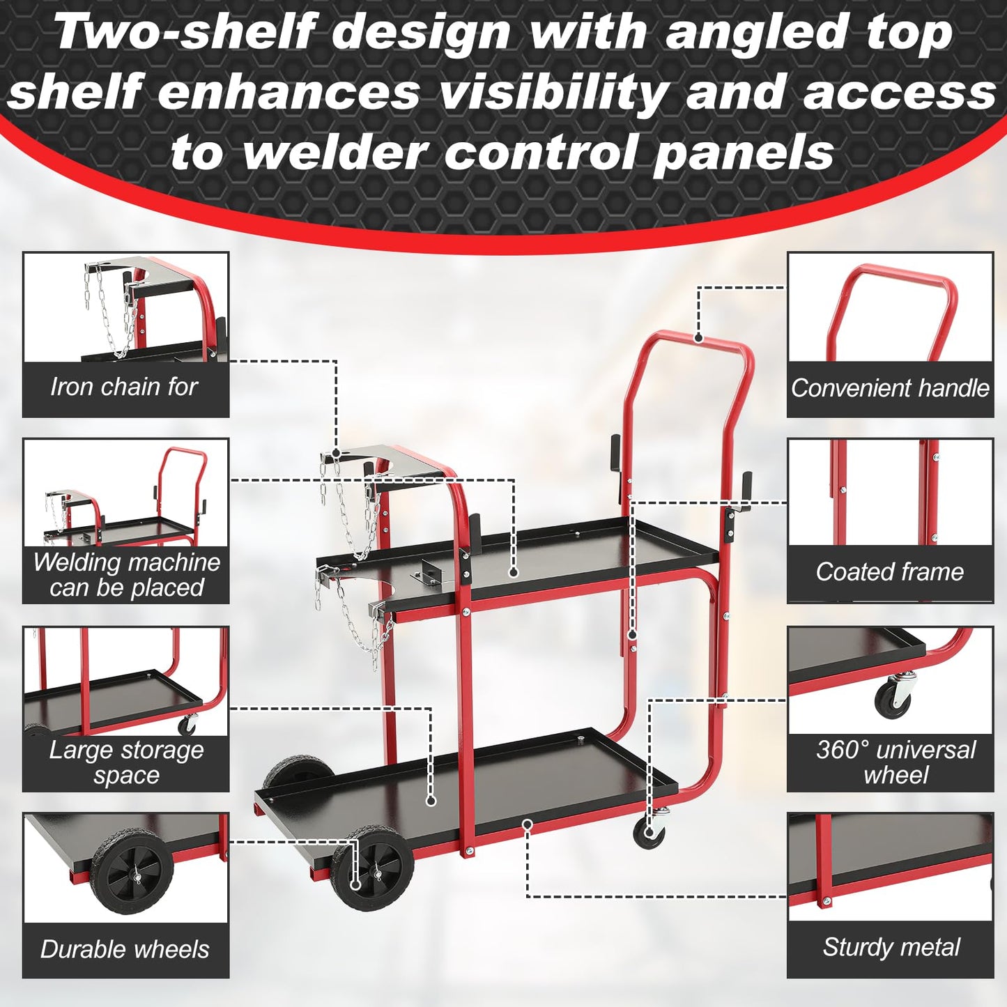 BBTO Welding Cart 2-Tier Welder Cart Heavy Duty 440 Lbs with Tank Safety Chains Welding Equipment Accessories for Tig Arc MMA Plasma Cutter Machine (Classic Style, 39 × 18 × 43 Inch, Black and Red)