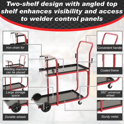 BBTO Welding Cart 2-Tier Welder Cart Heavy Duty 440 Lbs with Tank Safety Chains Welding Equipment Accessories for Tig Arc MMA Plasma Cutter Machine (Classic Style, 39 × 18 × 43 Inch, Black and Red)