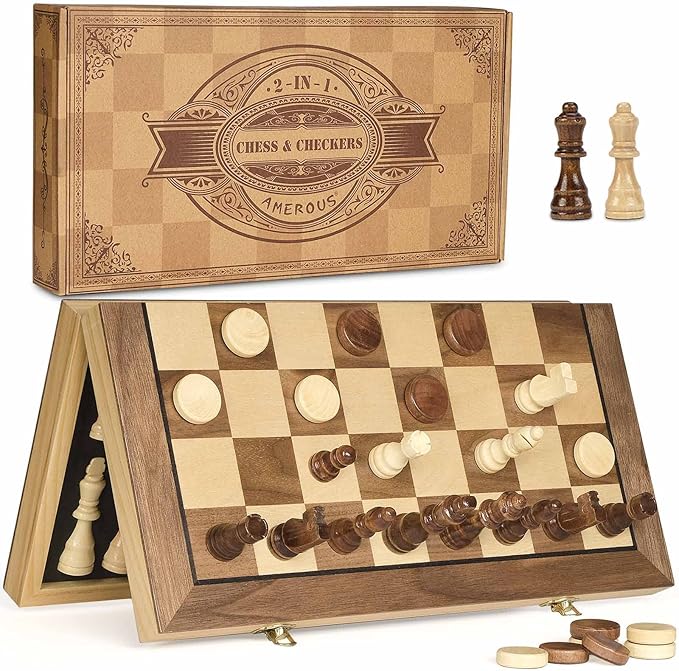 AMEROUS 15'' Magnetic Wooden Chess &amp Checkers Game Set -2 Extra Queens -24 Cherkers Pieces - Chessmen Storage Slots Beginner Chess Set for Kids and Adults Classic 2 in 1 Board Games