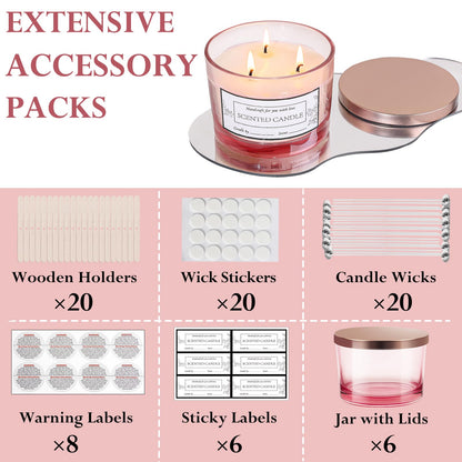 CONNOO 6 Pack 16 oz Candle Jars - 3 Wicks Pink Empty Glass Wide Mouth Candle Jars Come with Metal Lids Sticky Warning Labels and a Candle Wick Kit for Candle Making- Dishwasher Safe