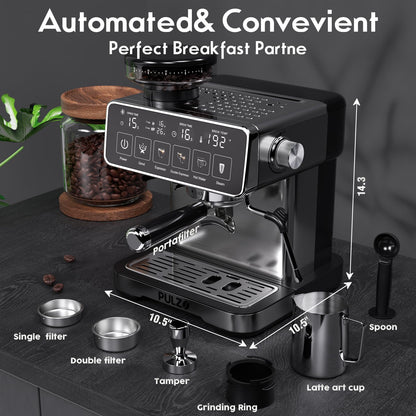 PULZO Espresso Machine with Grinder, 20 Bar Professional Coffee Machine with Milk Frother Steam Wand, All-in-One Stainless Steel Coffee Maker to Make Latte, Cappuccino, 67oz Detachable Water Tank